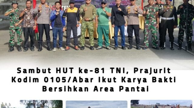 Kodim 0105/Abar Koordinasi Gotong Royong Bersihkan Pantai Sambut HUT TNI