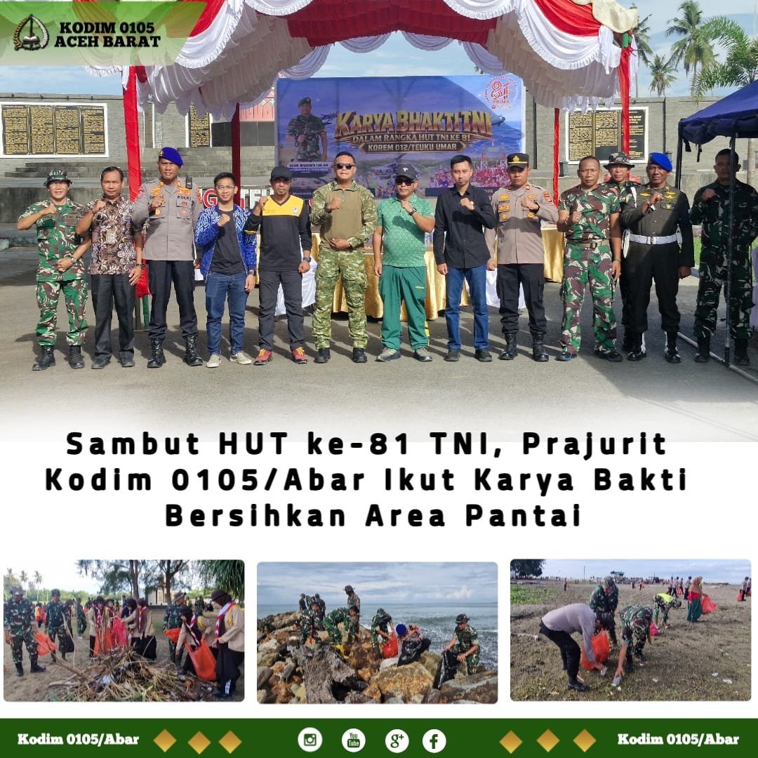 Kodim 0105/Abar Koordinasi Gotong Royong Bersihkan Pantai Sambut HUT TNI