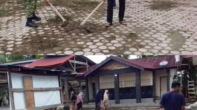 Membersihkan Kantor Geuchik, Babinsa Koramil 08/Arongan Lambalek Ajak Warga Gotong Royong