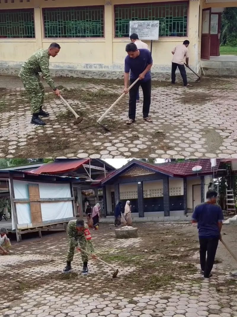 Membersihkan Kantor Geuchik, Babinsa Koramil 08/Arongan Lambalek Ajak Warga Gotong Royong
