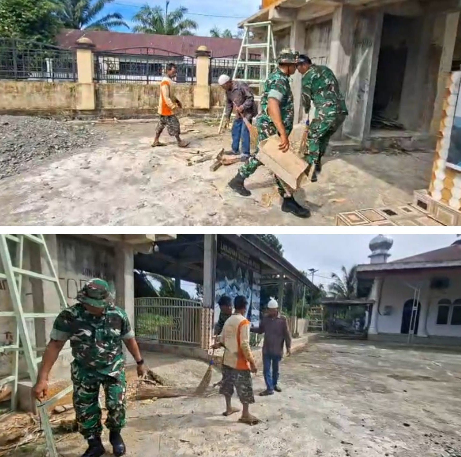 Jaga Kenyamanan Beribadah, Babinsa Koramil 01/Sungai Mas Ajak Warga Bersihkan Masjid