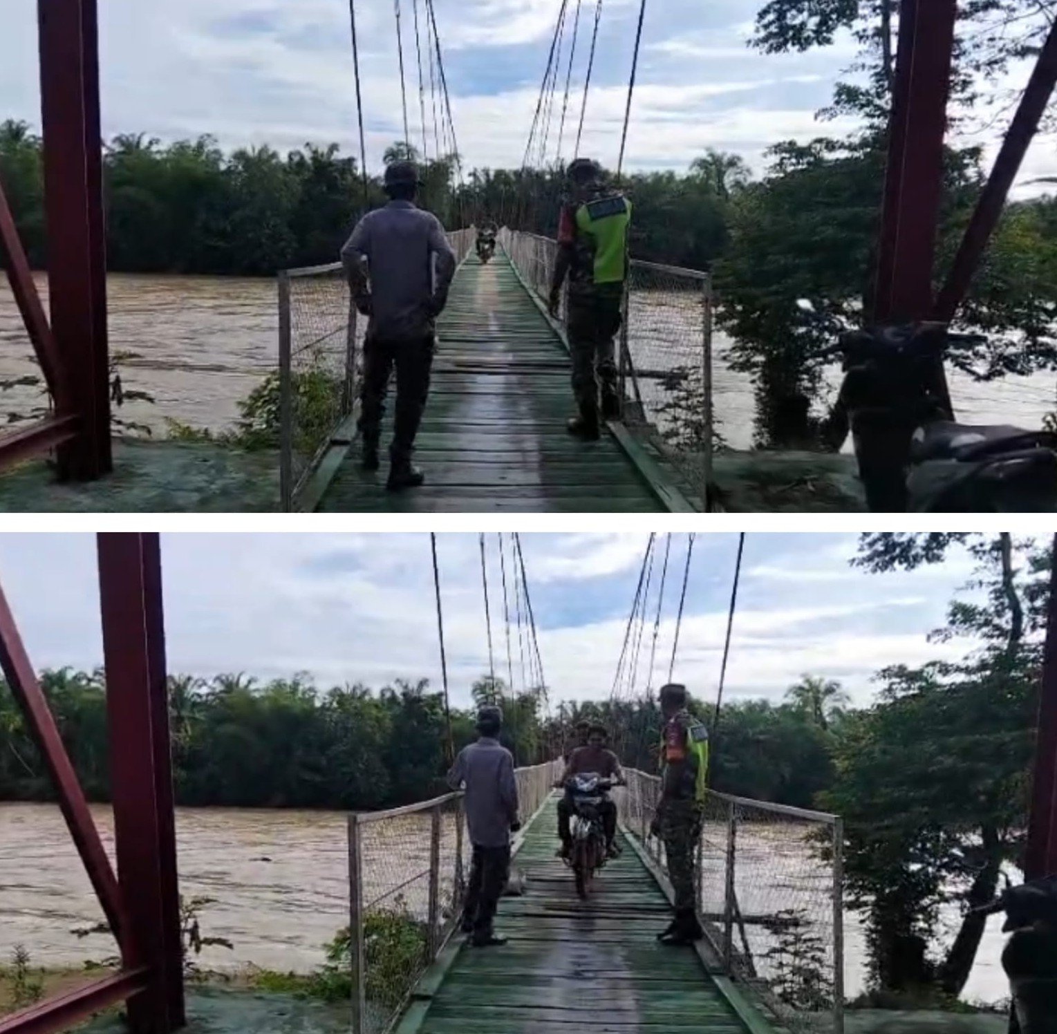Babinsa Sungai Mas Pantau Debit Sungai dan Kondisi Jembatan Gantung Kajeung